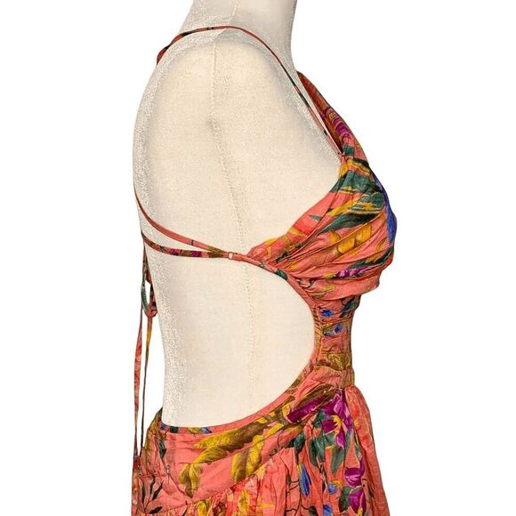 Zimmermann NWT Tropicana Asymmetric Long Sleeveless Dress AU 2 US 8 Coral Floral - Picture 7 of 11